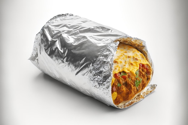 Burrito wrapped in aluminum foil isolated