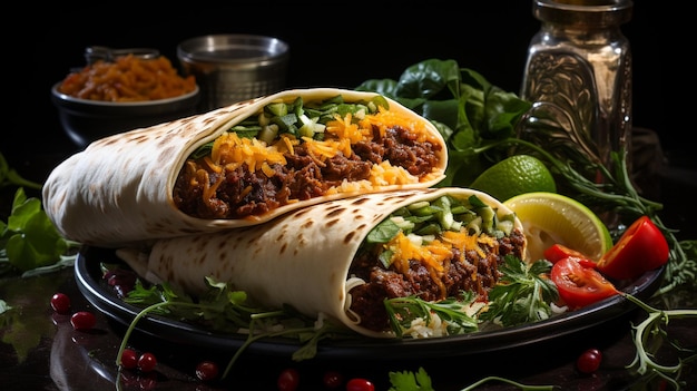 Burritos wraps with beef and vegetables on black background