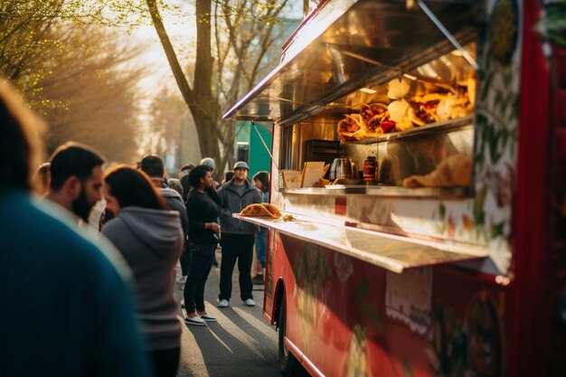 Foto un camion di cibo a tema burrito con una fila di clienti che aspettano con impazienza