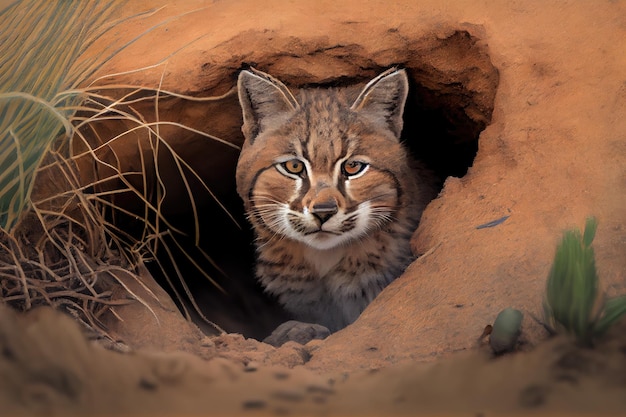 Burrowing bobcat digging its den