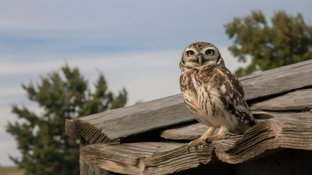 Photo burrowing owl on wooden roof