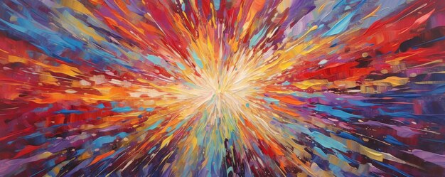 Burst of abstract colors radiating from a central point evoking a sense of dynamism panorama