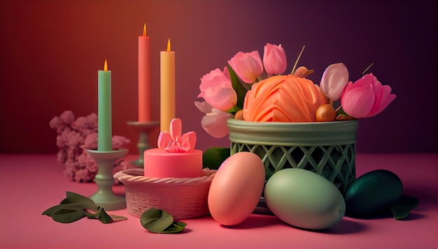 A Burst of Color Easter Eggs and Fresh Tulips in a Decorative Basket ai generated