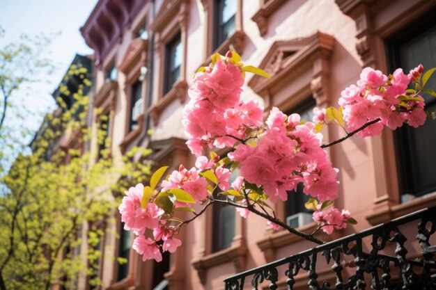 Яркие розовые цветы украшают фасад жилого дома