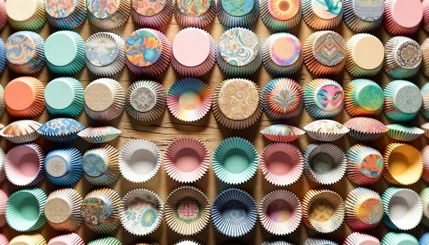 Burst of colors with cupcake paper cups on kitchen shelves