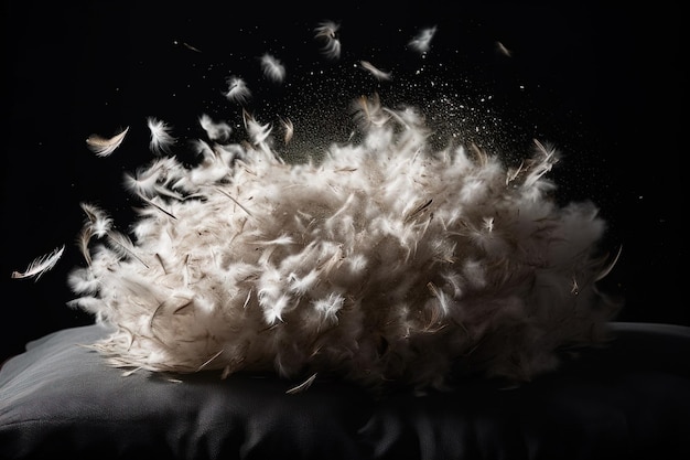 Burst of feathers exploding from a pillow in the air illustration generative ai