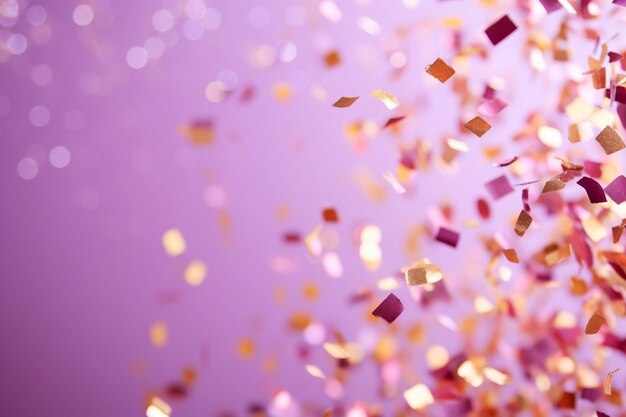 Burst of golden confetti on a pink and purple background