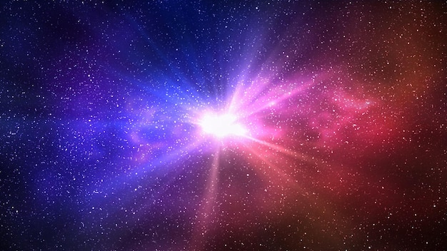 Burst of light in space Night starry sky and bright blue red galaxy horizontal background