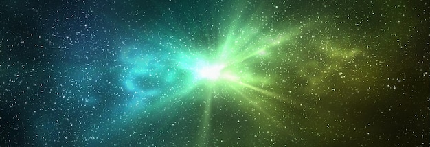 Burst of light in space night starry sky and bright yellow\
green galaxy horizontal background banner