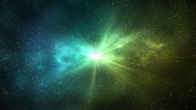 Burst of light in space night starry sky and bright yellow\
green galaxy horizontal background