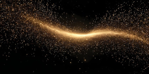 burst of shimmering metallic dust radiating gold tones particles sparkling against black background