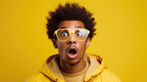 A burst of surprise a man39s gesture on a yellow background