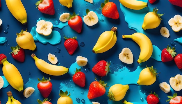 Photo a burst of vibrant colors as banana and strawberry pieces soar through the air