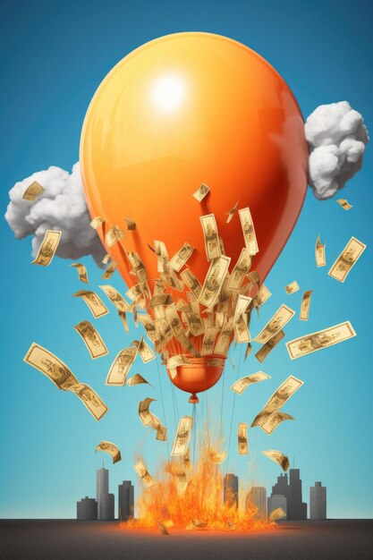 Photo bursting balloon symbolizing financial instability created with generative ai