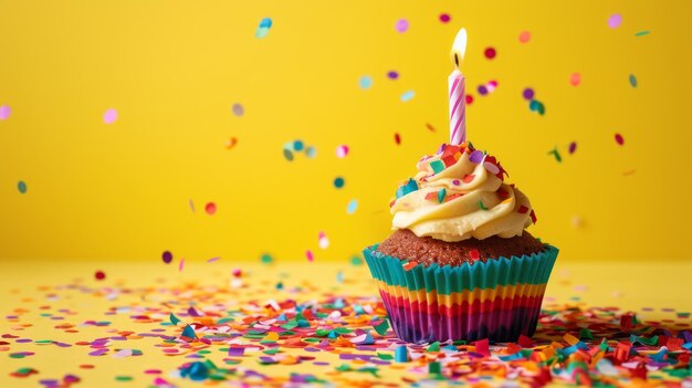 Bursting with Joy A Vibrant Birthday Cupcake Celebration on a Yellow Background