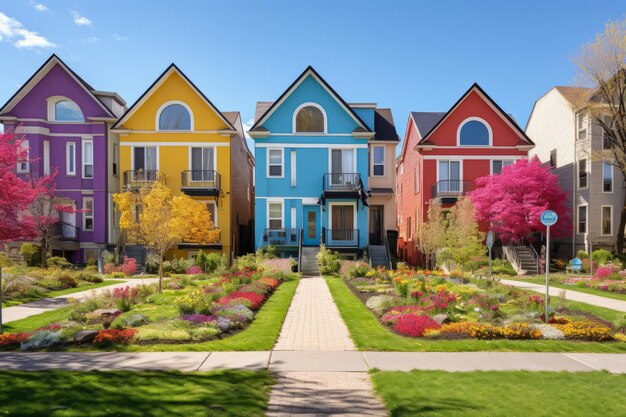 Photo bursting with life vibrant apartment buildings and lush front lawn in spring