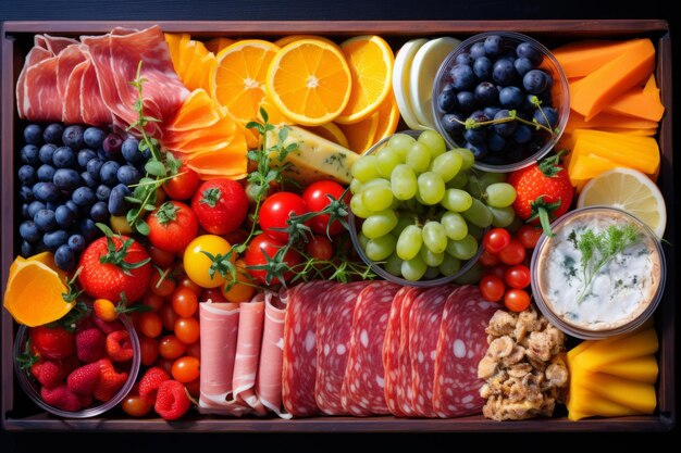 Foto bursting with vibrant flavors deep dive in charcuterie boards and boxes featuring bright fruits