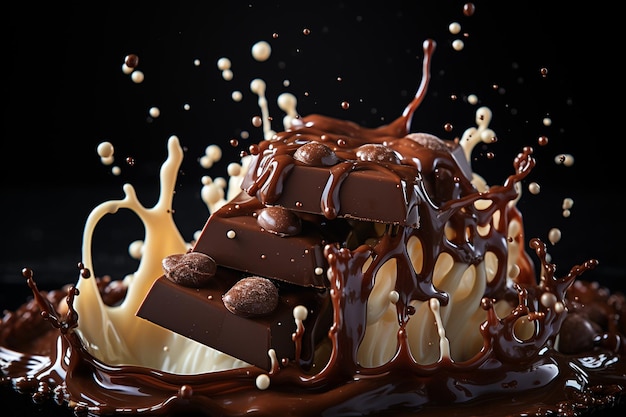Bursts and splashes of chocolate and milk on a dark background Generative AI