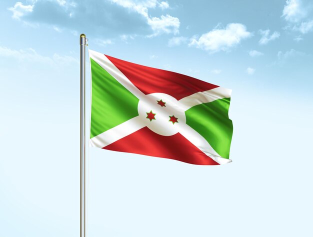 Burundi national flag waving in blue sky with clouds Burundi flag 3D illustration