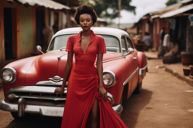 Foto sposa burundese che posa con un'auto d'epoca