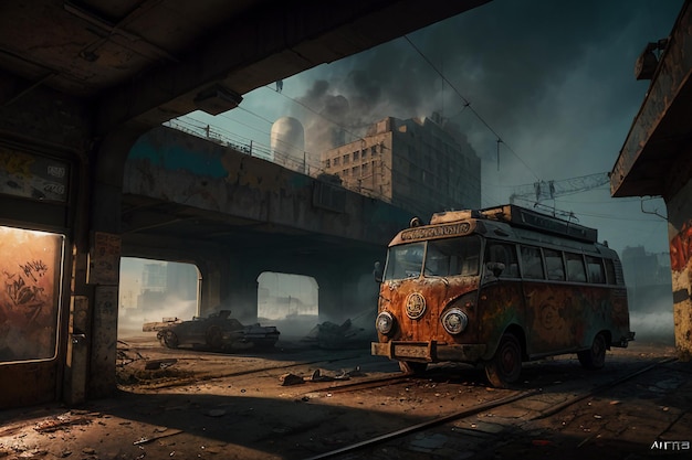 A bus in the dark with smoke in the background