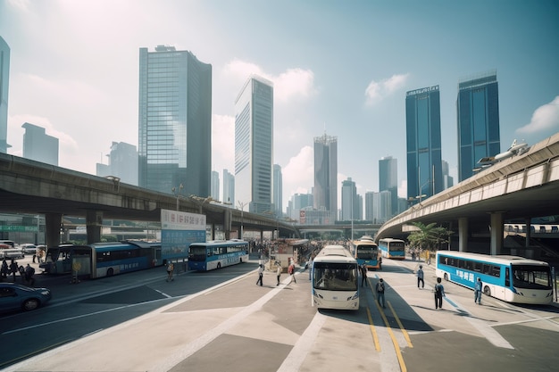 Bus depot in bustling city with view of skyscrapers and people on the move