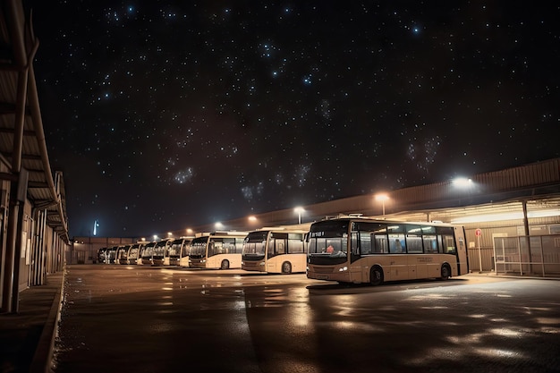 Bus depot at night with bright lights shining and stars twinkling in the sky