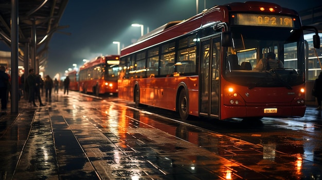 Bus depot at night with other vehicles closeup