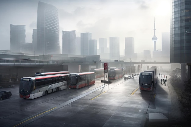 Bus depot with view of the city skyline showcasing the bustle and energy of urban life created with generative ai