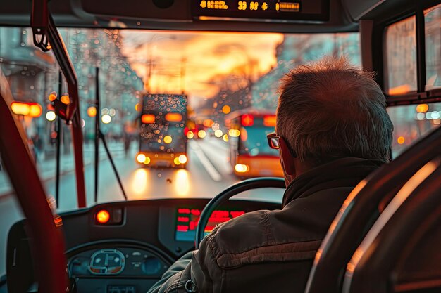 Bus driver navigating through city streets with expertise Expert bus driver maneuvering through city streets adeptly