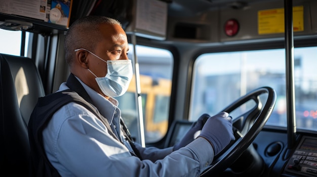 A bus driver wearing a mask and gloves drives a school bus