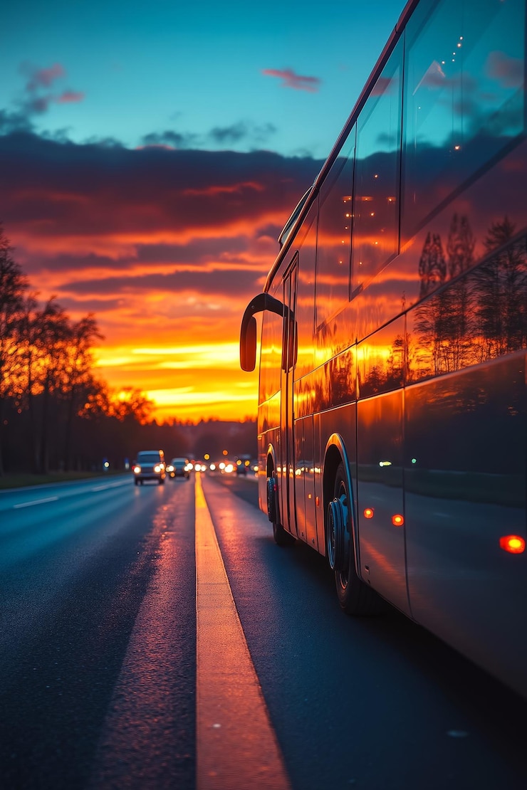 Photo a bus driving down a road at sunset