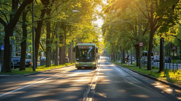 Photo bus driving down street beside trees