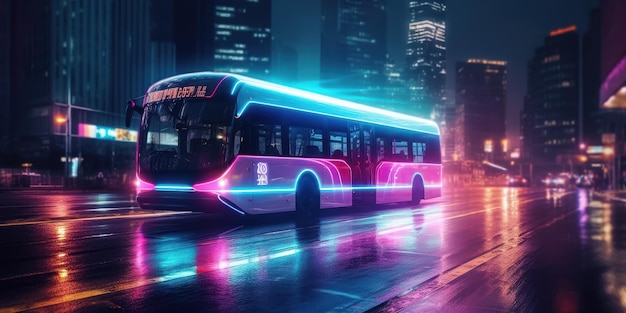 Автобус едет по дороге ночью со светящимися неоновыми огнями размытия фона Generative Ai