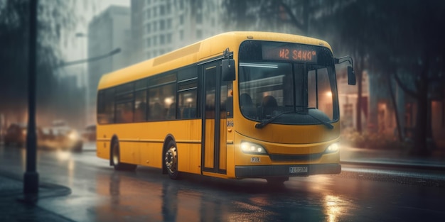 Bus driving on the road with cityscape motion blur background Generative Ai