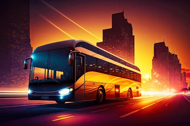 Bus driving at sunset along road against backdrop of illuminated buildings city rooftop view