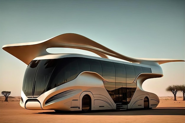 Bus of the future with sleek and streamlined design floating above ground