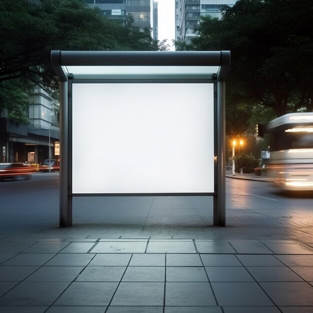 a bus is driving down the street and the billboard is white.