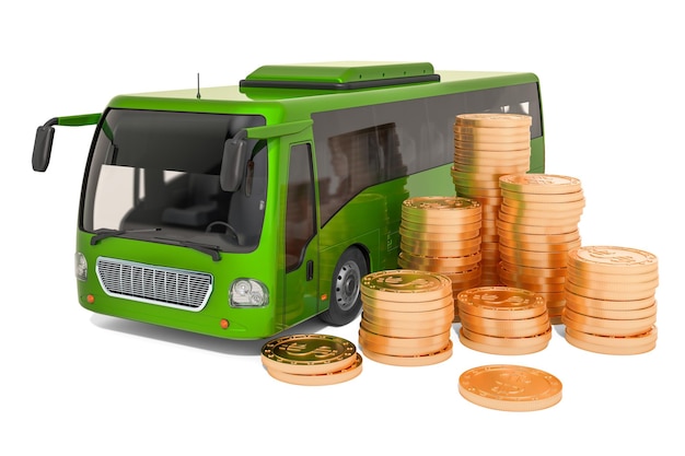 Bus met gouden munten Commercieel personenvervoer dienstverleningsconcept 3D-rendering
