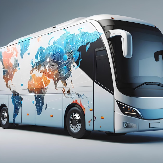 Foto un modello di autobus con un disegno di mappa del mondo globale sul suo esteriore che mostra i viaggi globali