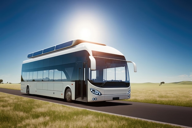 Bus op zonne-energie die op het platteland rijdt, gemaakt met behulp van generatieve AI-technologie