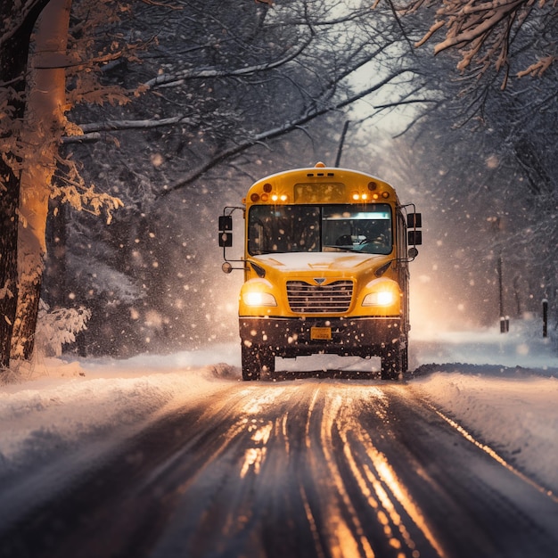 Photo bus on the road during a snowfall