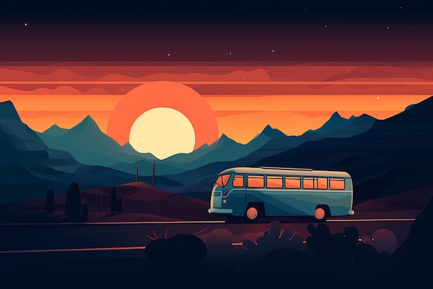 夕日の前の道を走るバス。