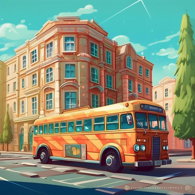 Bus and School in cartoon style