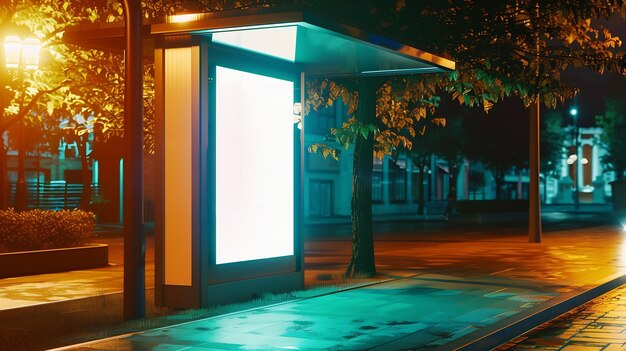 Photo bus shelter at bus stop blank lightbox billboard ad sign white ad poster and commerc generative ai