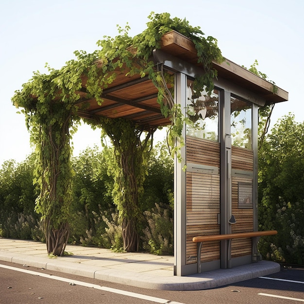 Photo bus shelter train shelter vines landscaping generative ai