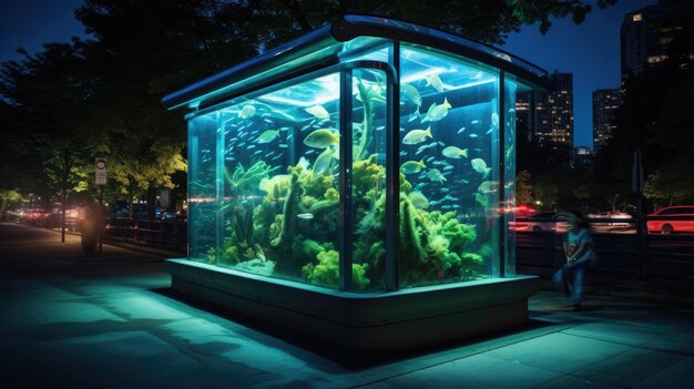 Photo bus shelter with an aquarium in night city