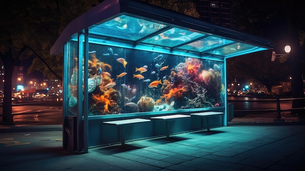 Bus shelter with an aquarium in night city