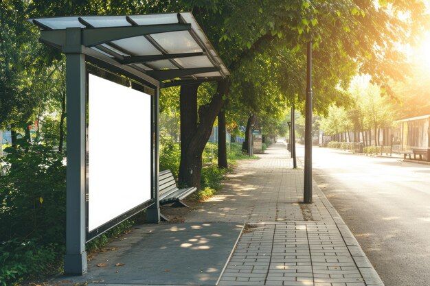 Bus shelter with white poster and ad space for mockup set in urban street with spring trees