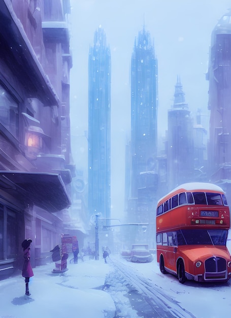 A bus in a snowy city, happy new year atmosphere, snowfall, snow blizzard